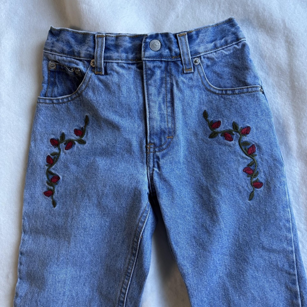 Jordache Jeans Girls 6 Vtg Denim Straight Leg Embroidered Floral Elastic Waist